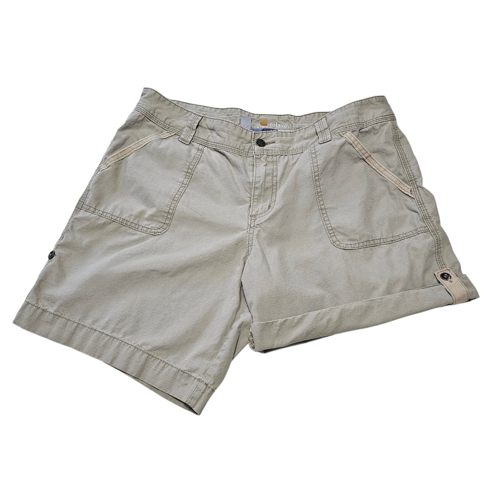 Carhartt Women's Relaxed Fit Adjustable Cuff Shorts In Khaki Beige Sz 16 - Picture 2 of 7